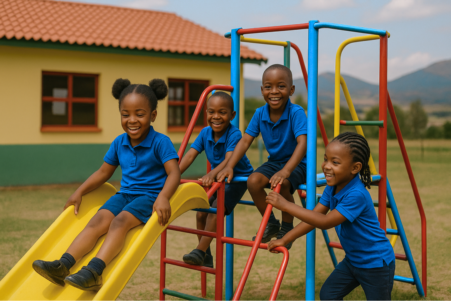 Children playing on colorful playground equipment